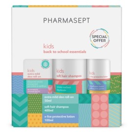 PHARMASEPT Back to School Pack Kid Soft Hair Shampoo 400ml & X-Lice Protective Lotion 100ml & Kids Extra Mild Deo Roll-On 50ml 1 Set